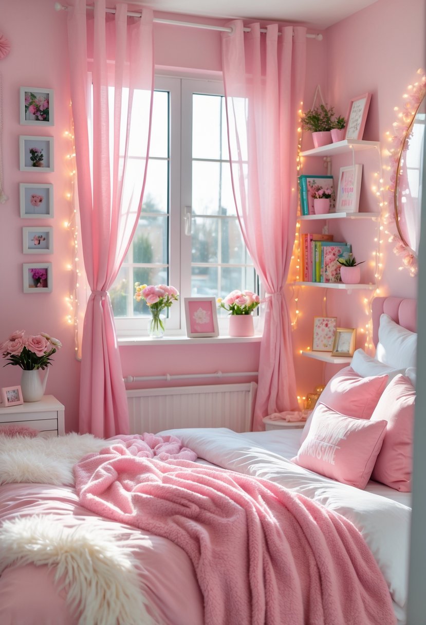 A bedroom with pink walls, a bed with pink and white bedding, decorative photos, flowers, fairy lights, and sunlight coming through a window.