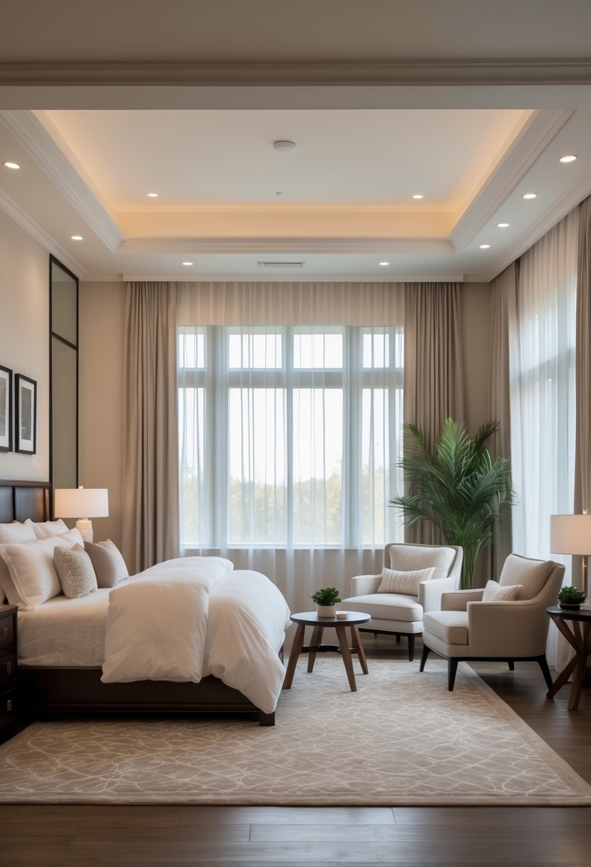 A master bedroom with a king-sized bed and a sitting area featuring two armchairs and a small table near large windows.