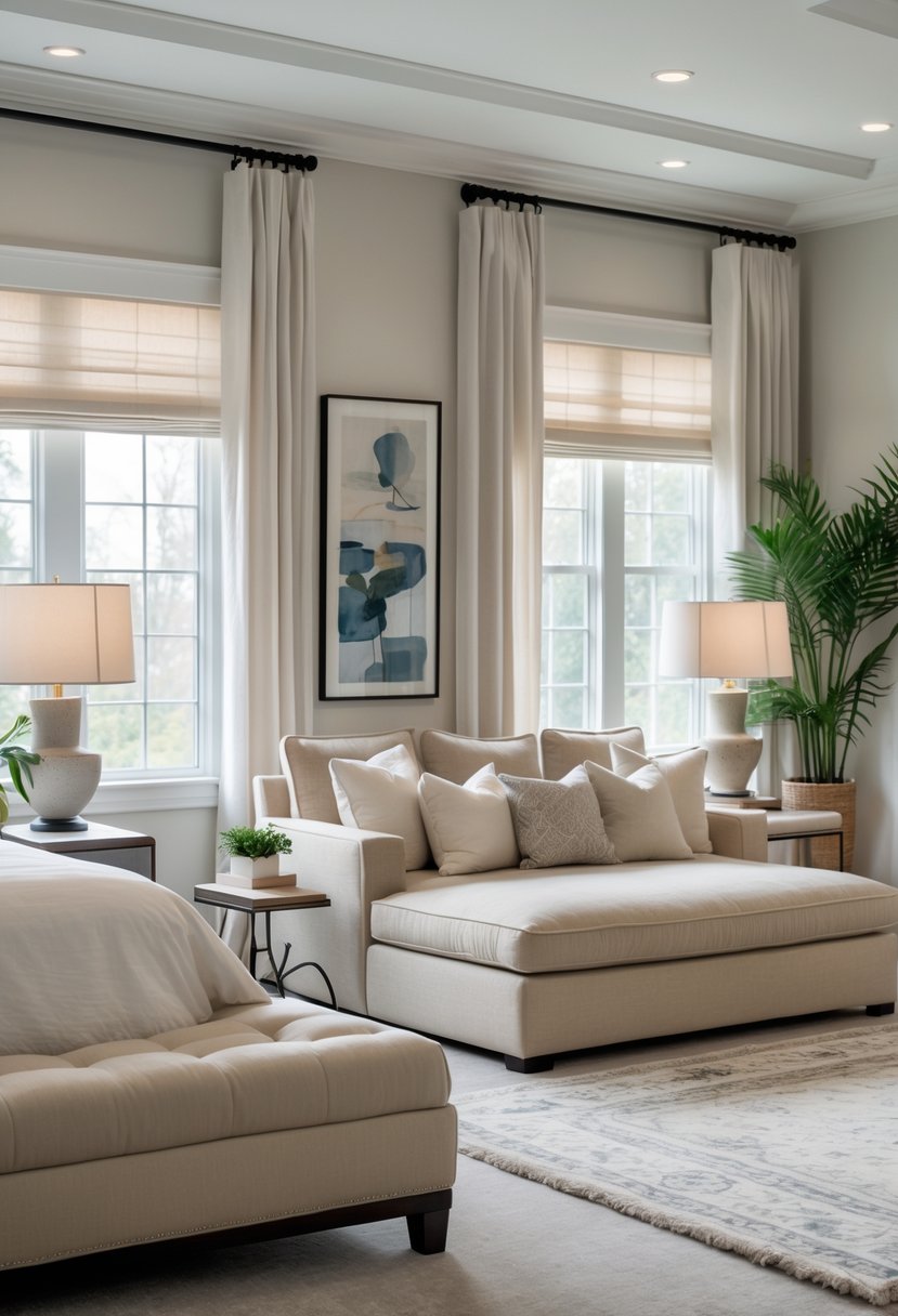 Master bedroom with a large bed and a sofa lounge placed at the end, featuring natural light and decorative plants.