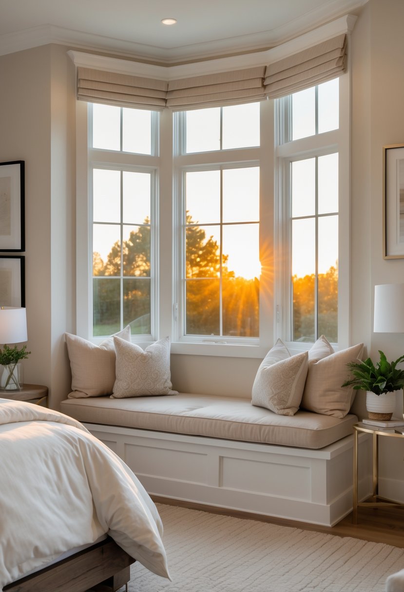 A master bedroom corner with a built-in window seat featuring cushions and pillows, a large window with sunset light, a bed, a side table, and decorative plants.