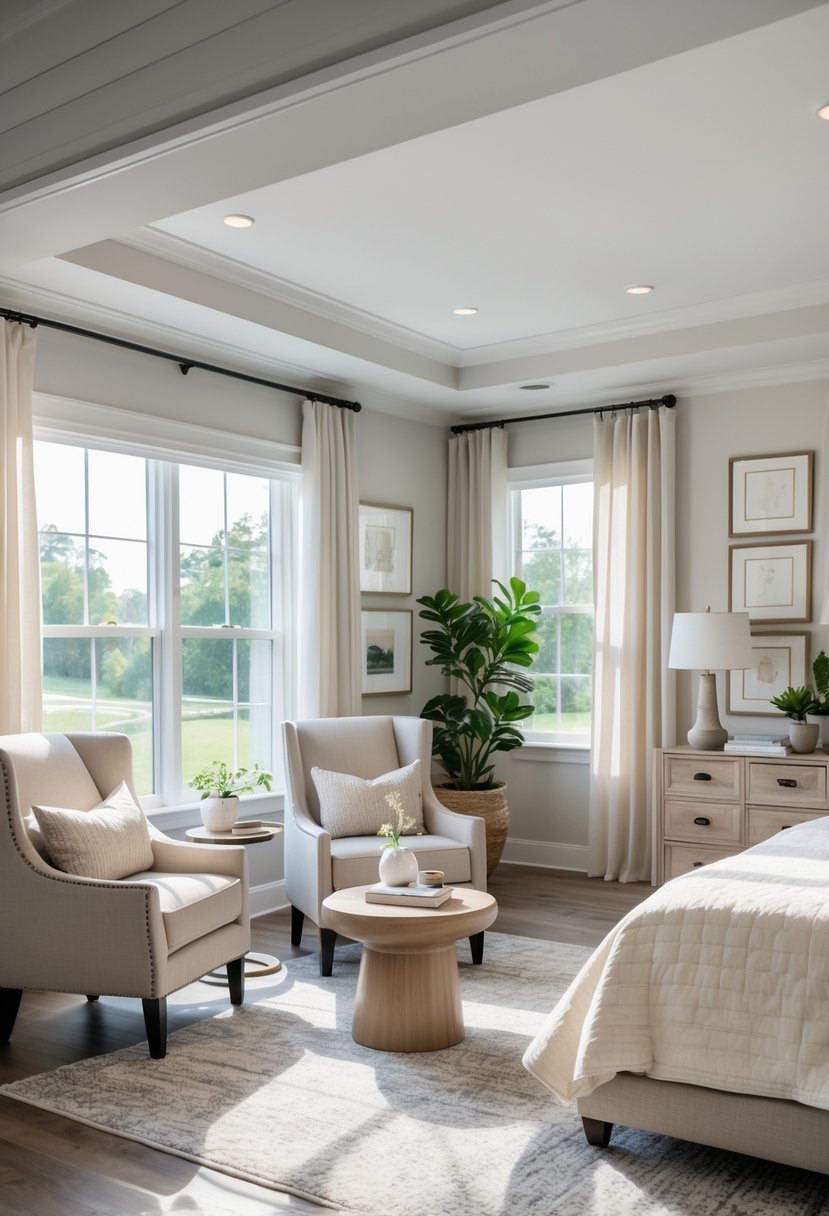 Master bedroom with a sitting area featuring two accent chairs and a small table between them.