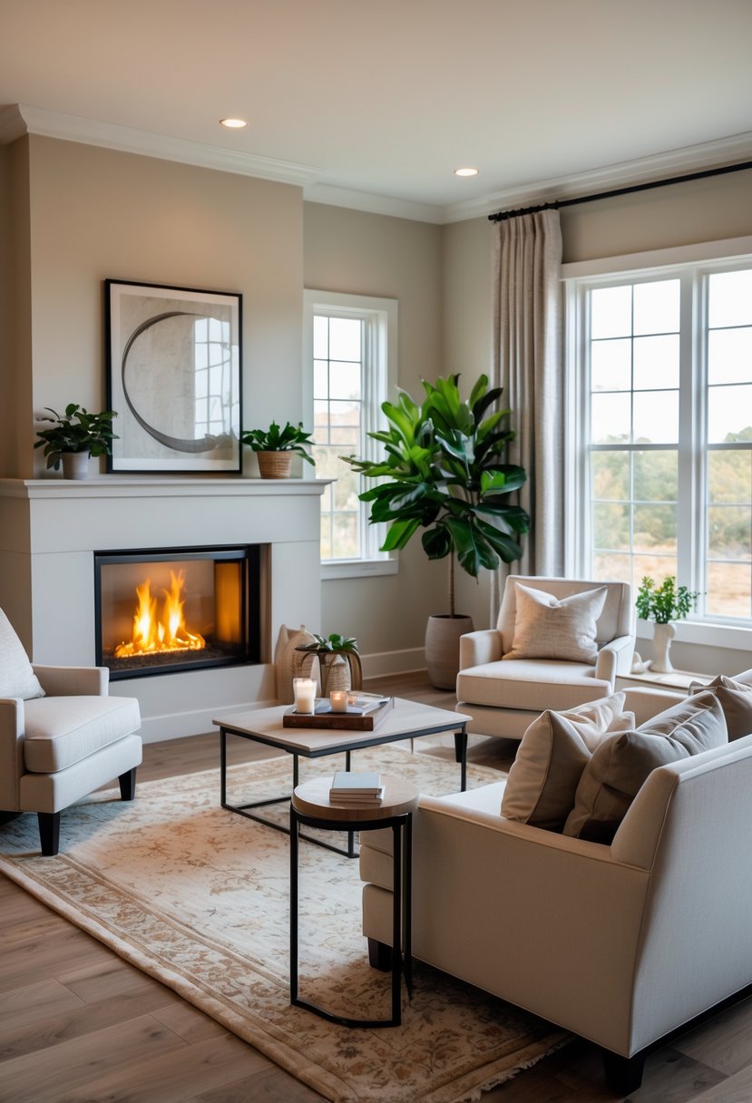 Master bedroom with a fireplace seating area including armchairs and a small table near a lit fireplace.