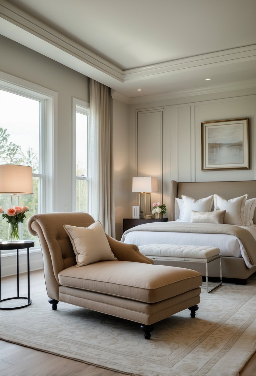 Master bedroom with a chaise lounge in the sitting area near a bed and large windows.