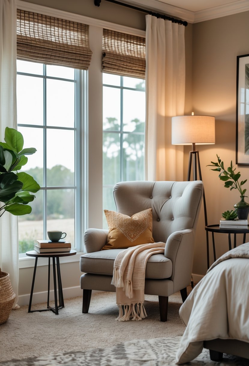 A master bedroom with a cozy reading corner featuring an armchair, side table with books and a cup, floor lamp, and natural light from a large window.