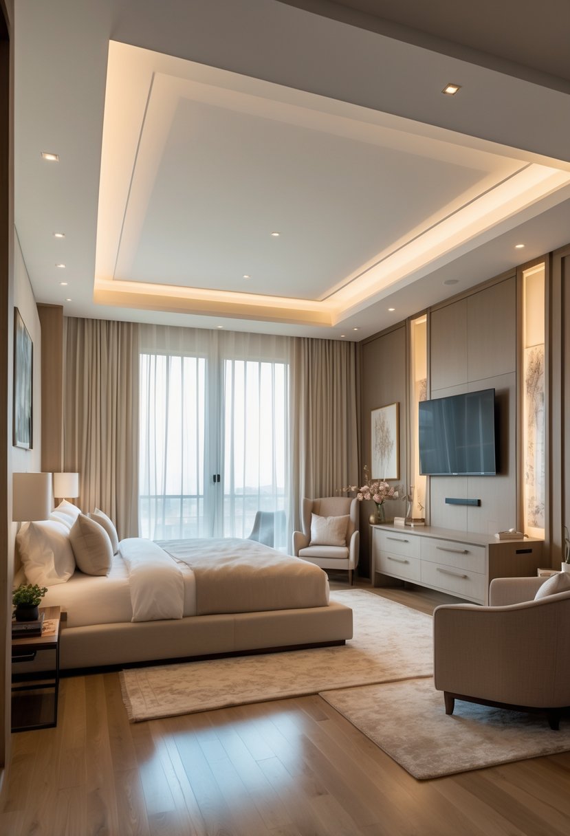 Master bedroom with a bed and a comfortable sitting area featuring an armchair and a TV.