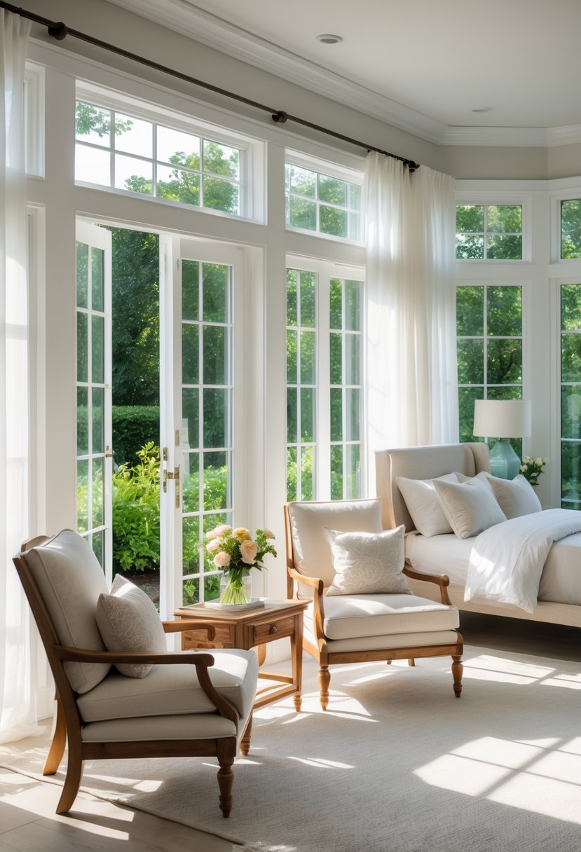 A master bedroom with a sitting area next to large windows overlooking a garden, featuring comfortable chairs and a small table.