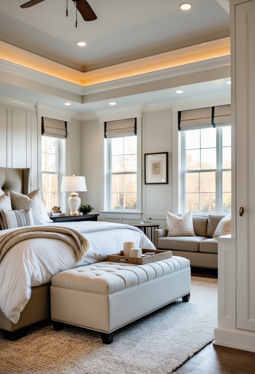 Master bedroom with a bench at the foot of the bed and a sitting area nearby.