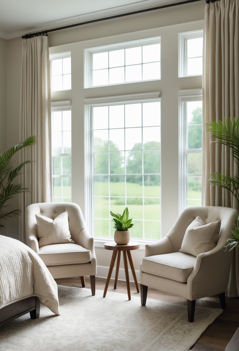 Master bedroom with two chairs by a large window, a small table with a plant between them, and a bed in the background.