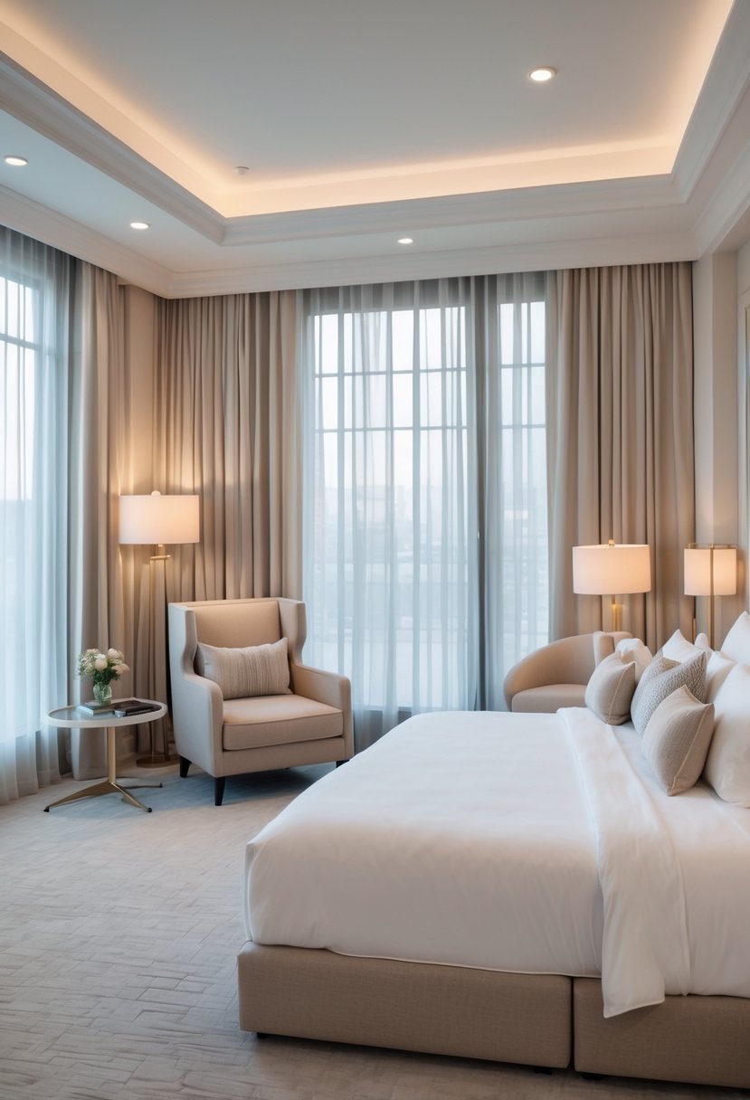 A master bedroom with a large bed and a sitting area featuring an armchair and coffee table near bright windows.