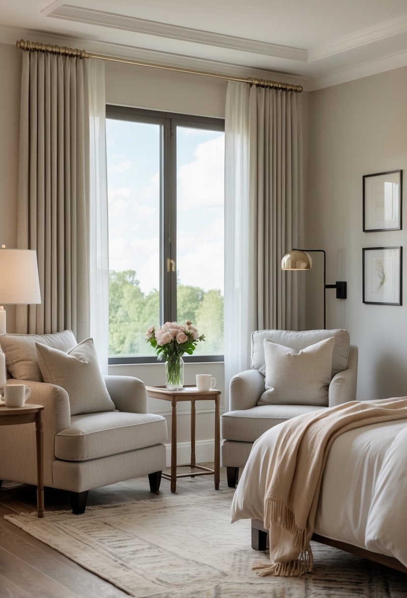 A master bedroom with a cozy seating area featuring two armchairs, a small coffee table, and natural light coming through a large window.