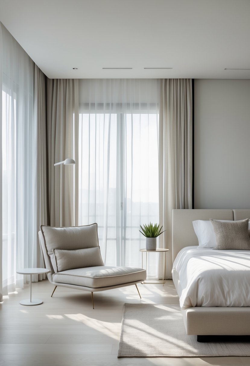 A master bedroom with a sitting area including a lounge chair, side table, bed, and natural light coming through large windows.