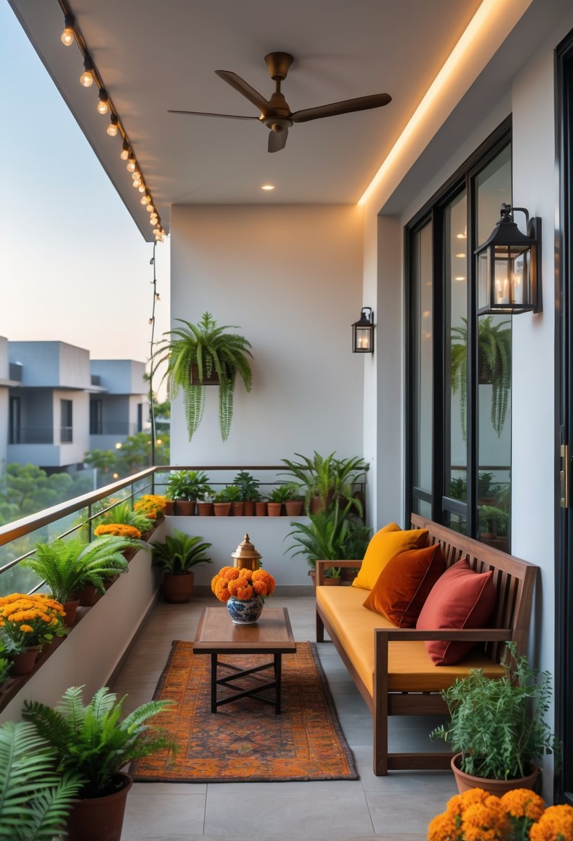 A balcony with potted plants, a wooden bench with colorful cushions, a small table with a lantern and flowers, and string lights along the railing.