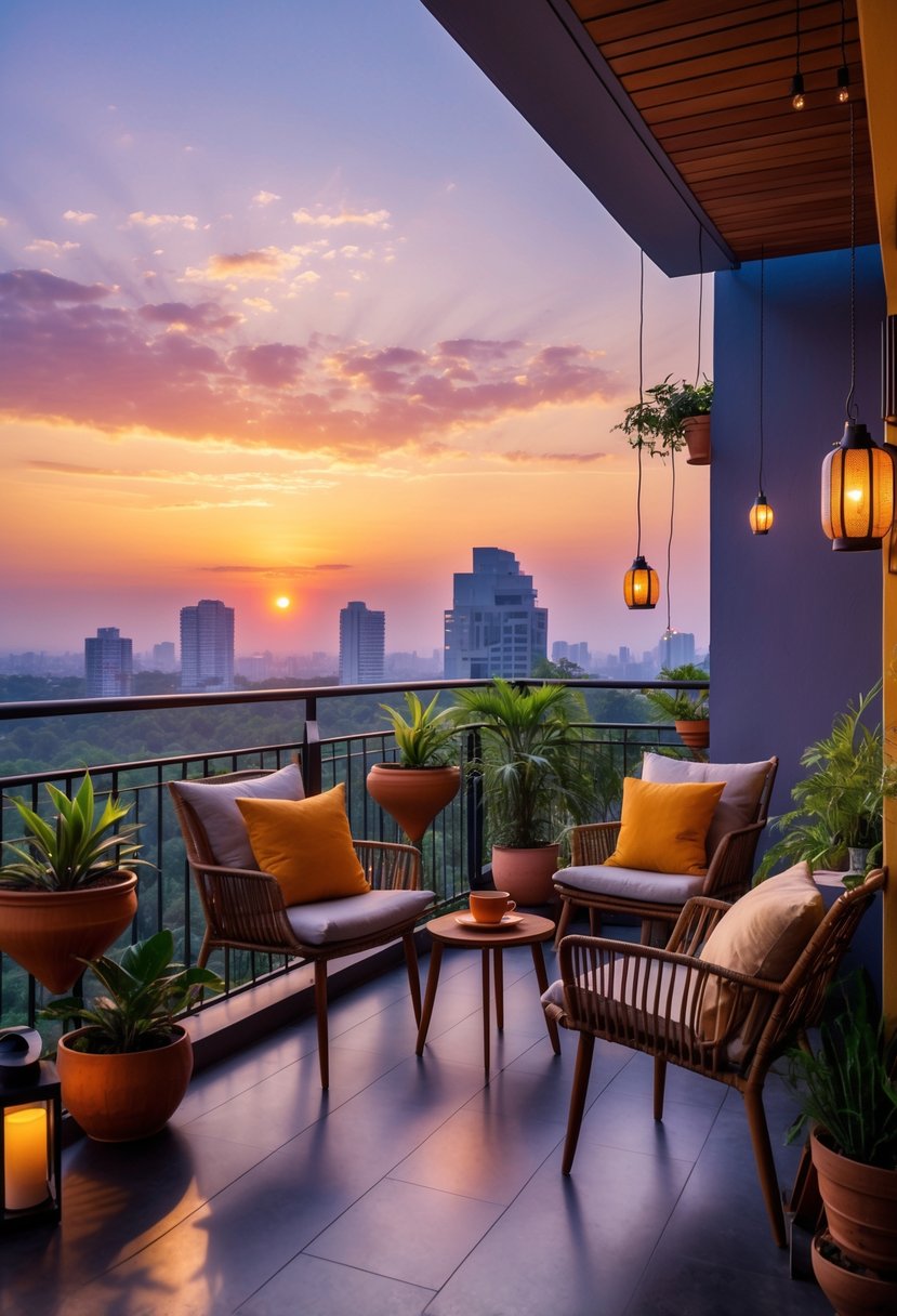 A cozy balcony with chairs, a small table with a cup of tea, potted plants, and a city skyline at sunset.