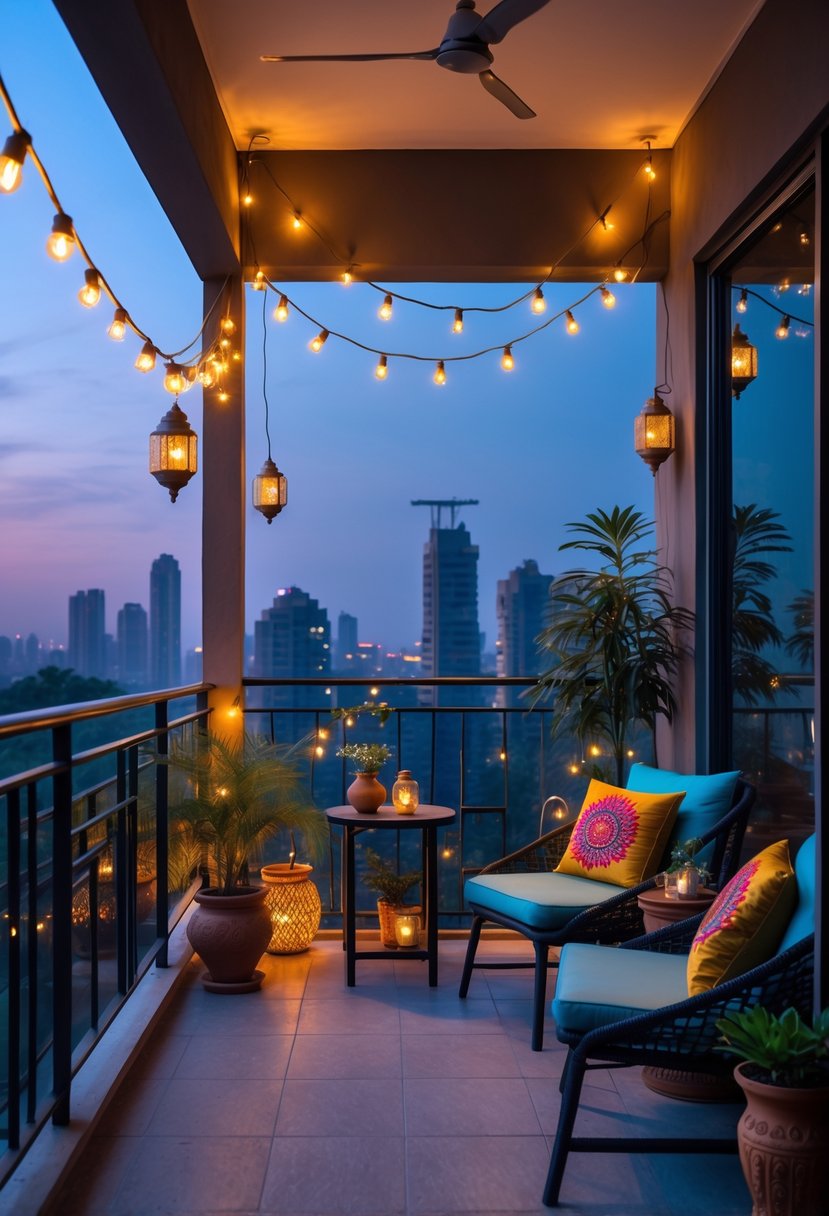 Evening view of a modern apartment balcony decorated with warm string lights, plants, and outdoor furniture.