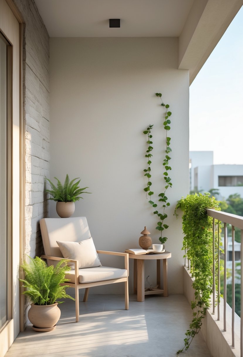 A modern balcony with a chair, small table, and potted plants overlooking an urban neighborhood.