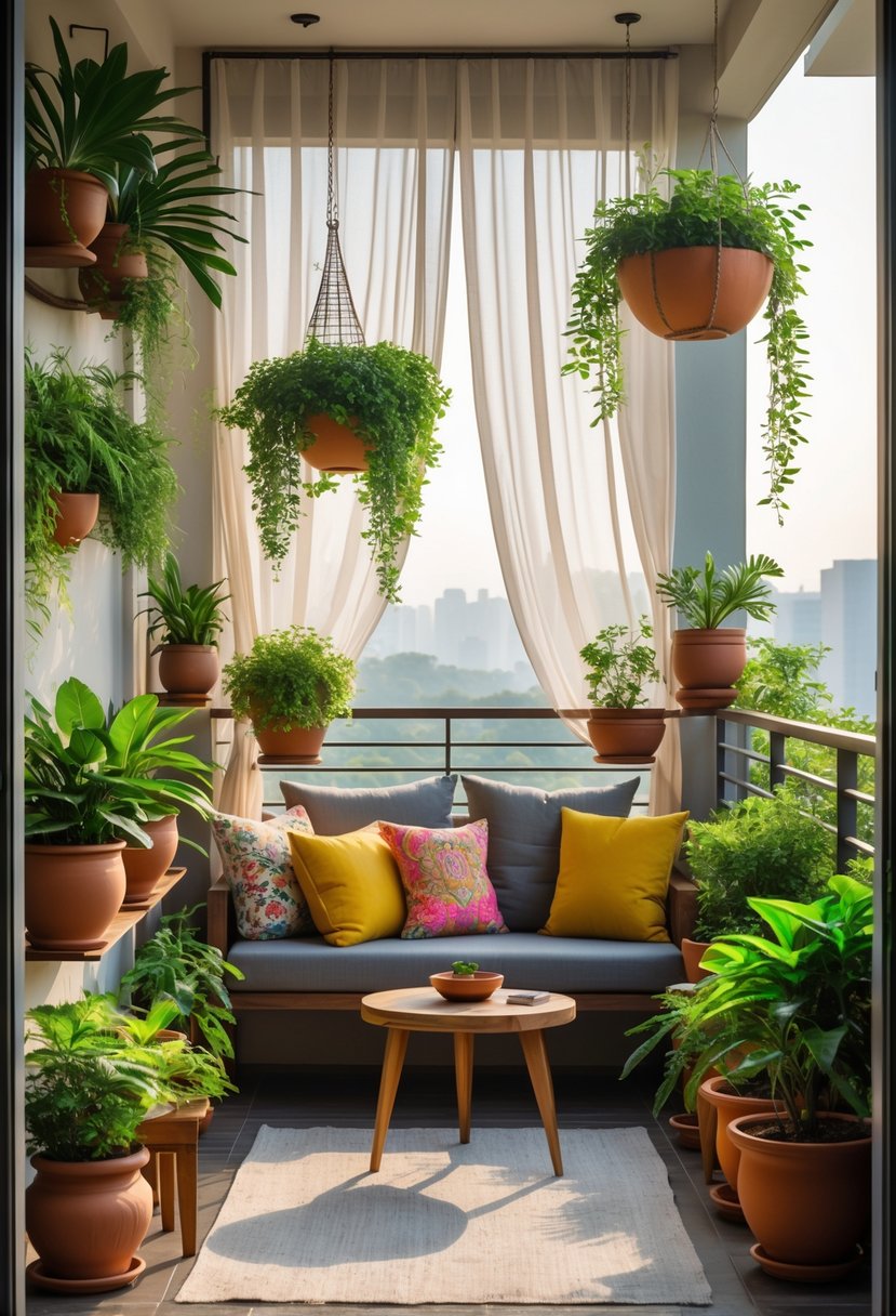 A balcony with green plants, cushioned seating, and a small wooden table, creating a cozy outdoor space.