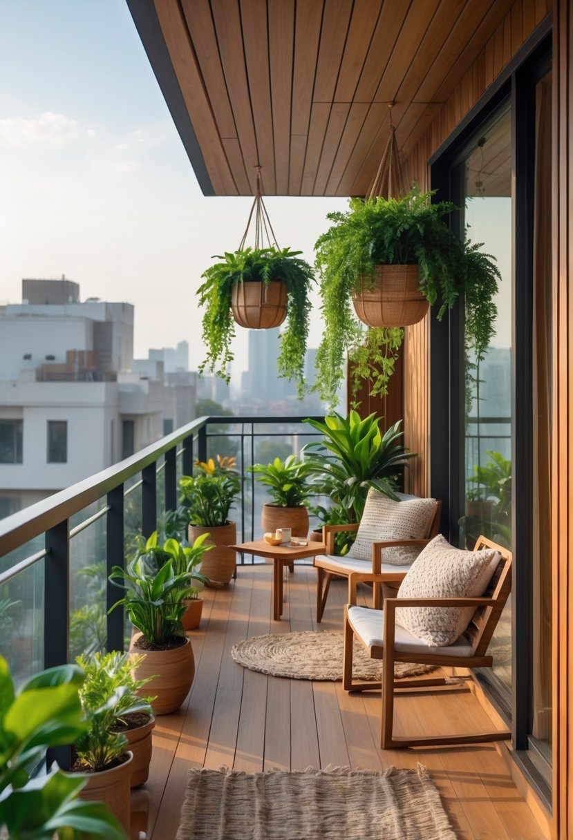 A wooden deck balcony with green plants, outdoor furniture, and a view of buildings in the background.