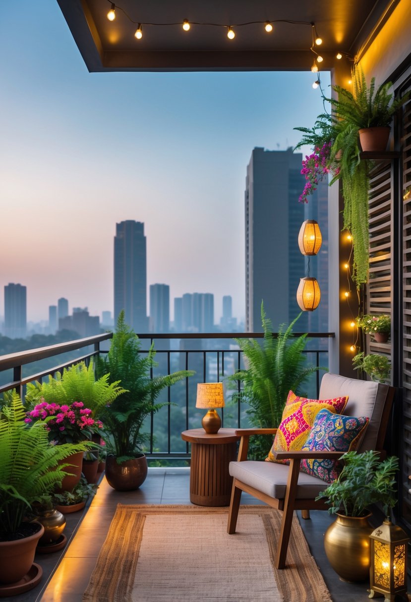 A cozy balcony in a city apartment with plants, a small table, chairs with cushions, and city buildings in the background.