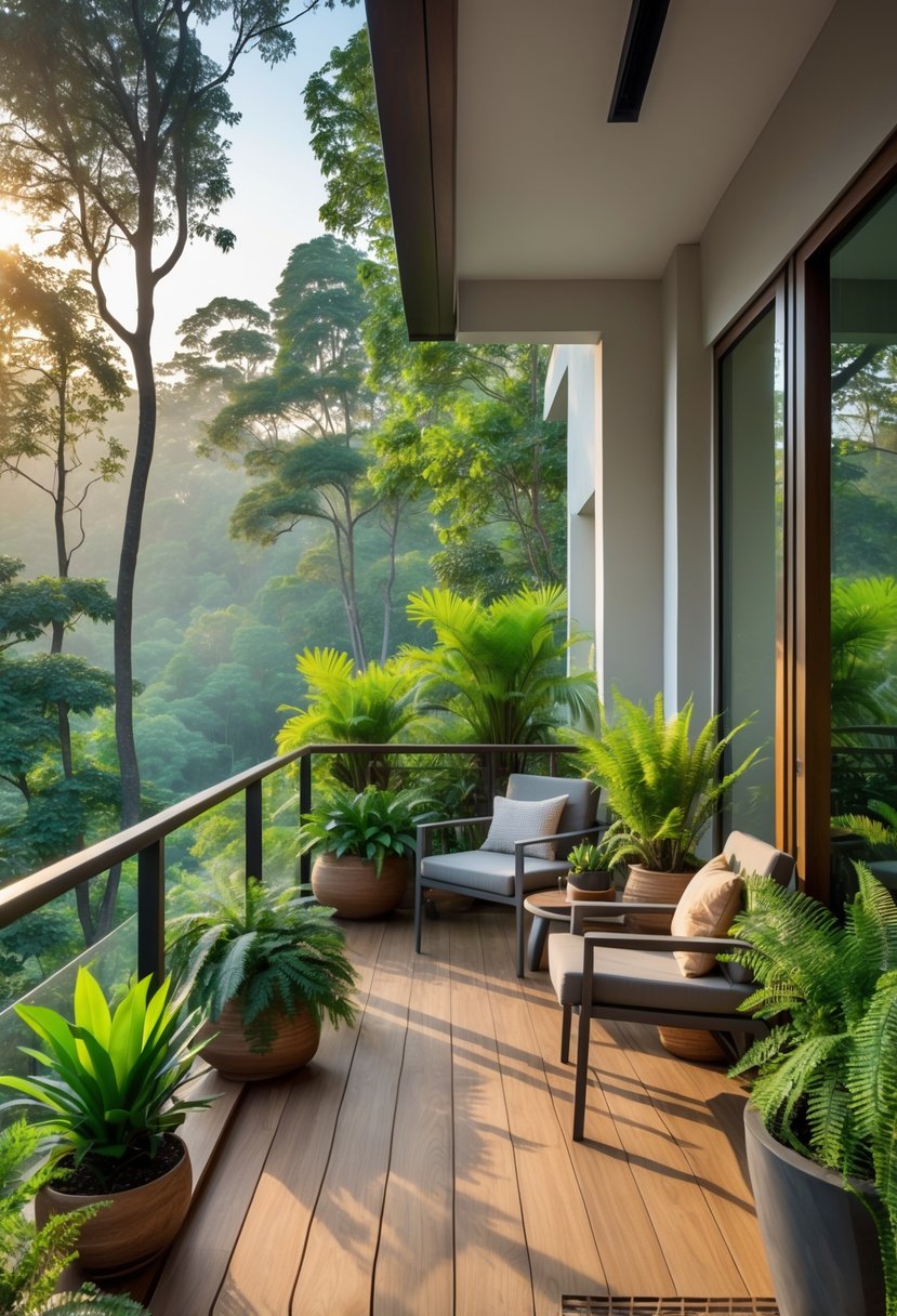 A balcony decorated with plants and outdoor furniture overlooking a dense forest.