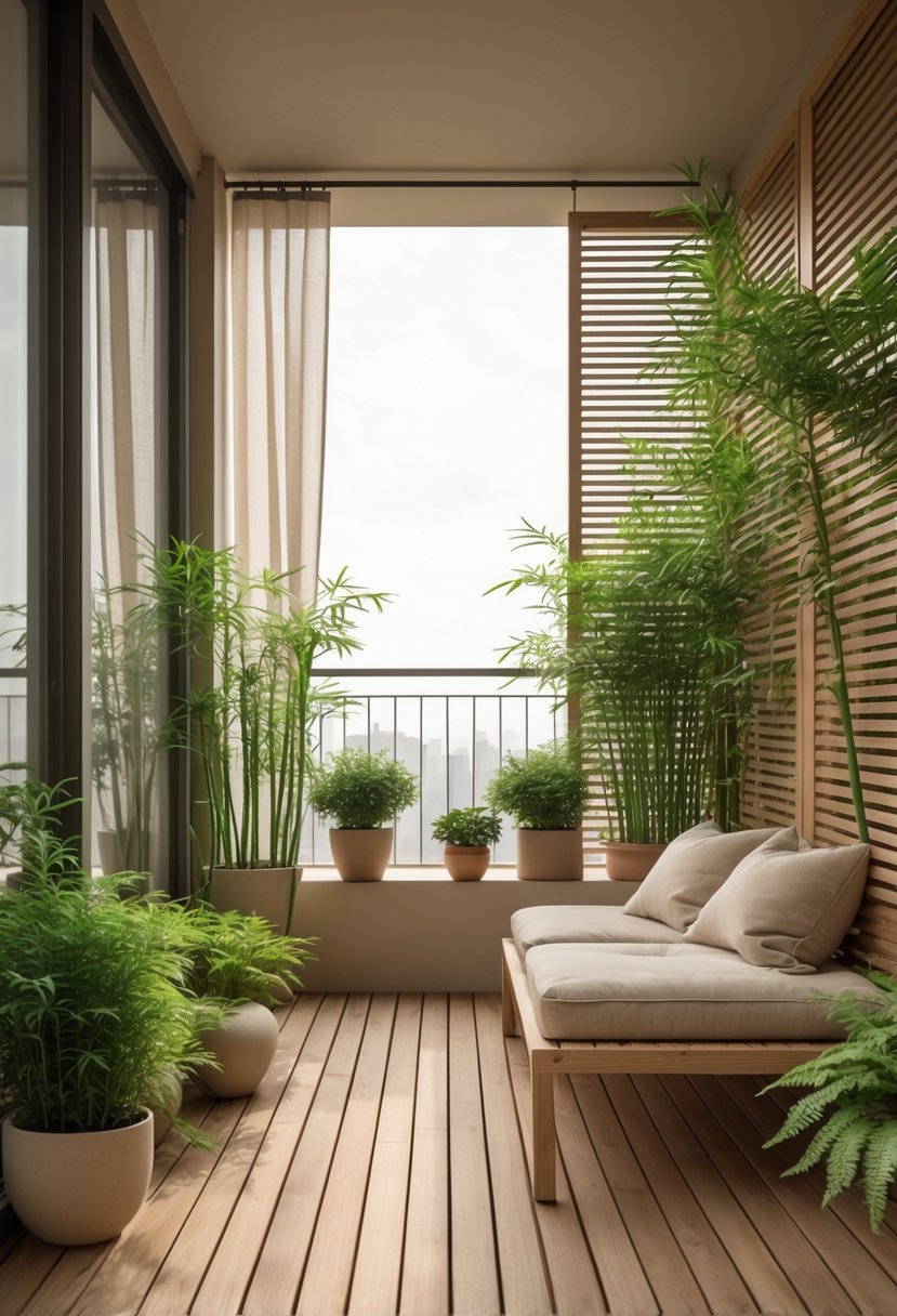 A peaceful balcony with wooden flooring, a low bench with cushions, and several green plants, overlooking a modern urban area.