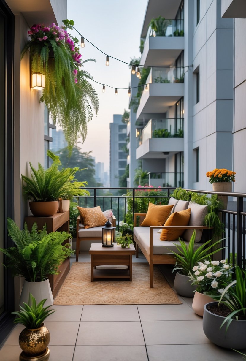 A modern apartment balcony with green plants, wooden seating, cushions, a coffee table with a lantern and flowers, and string lights overhead.