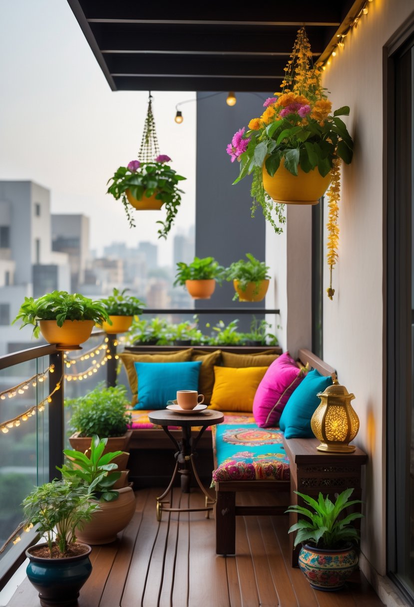 Small balcony in a modern Indian home decorated with plants, wooden seating, cushions, and a small table with a lantern and cup.