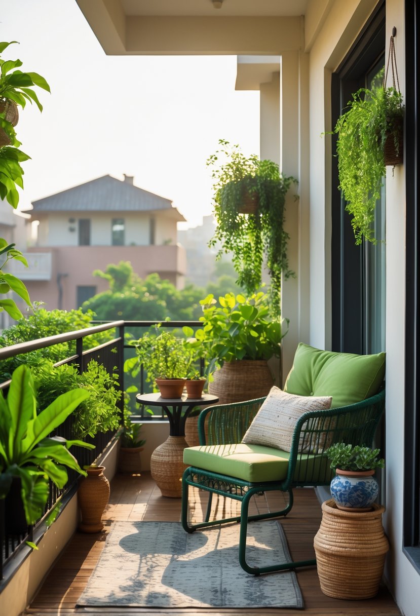 A cozy balcony with green furniture and plants in a modern Indian home.