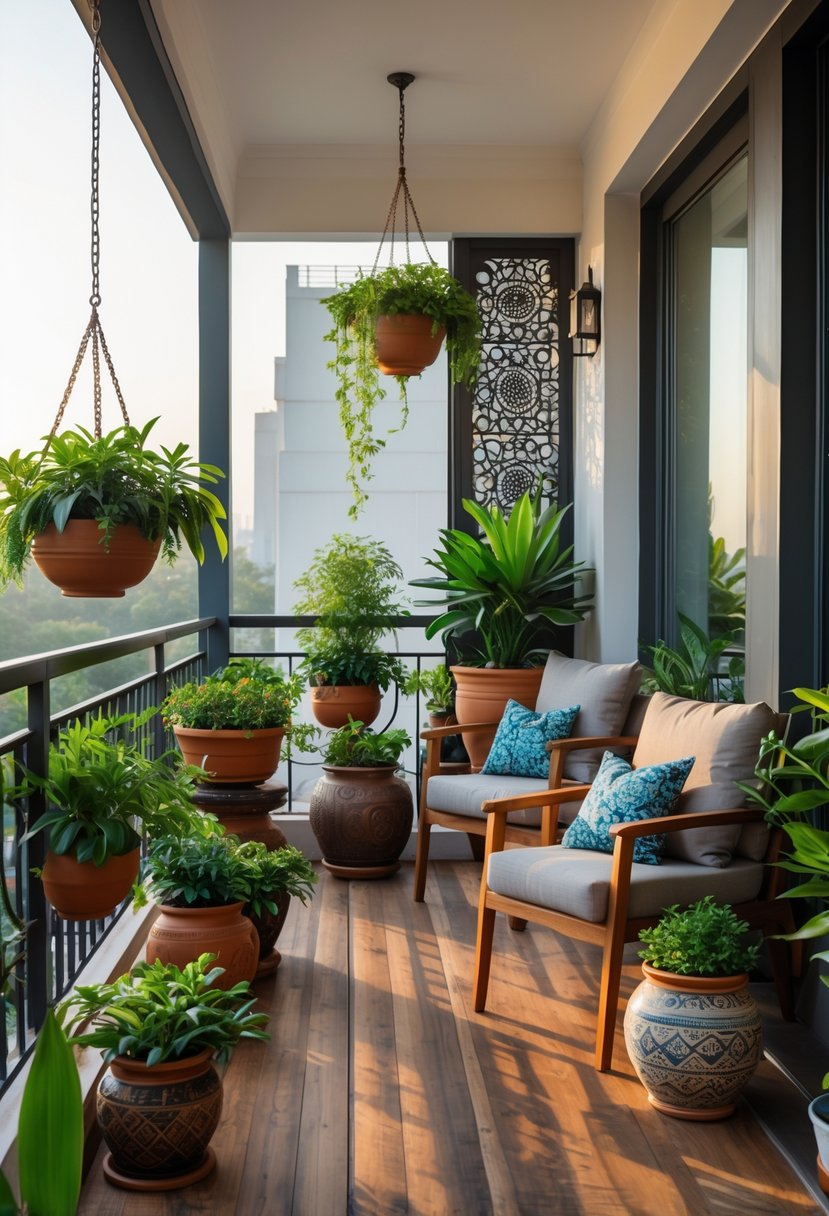 A cozy balcony with outdoor furniture and various green plants in pots.