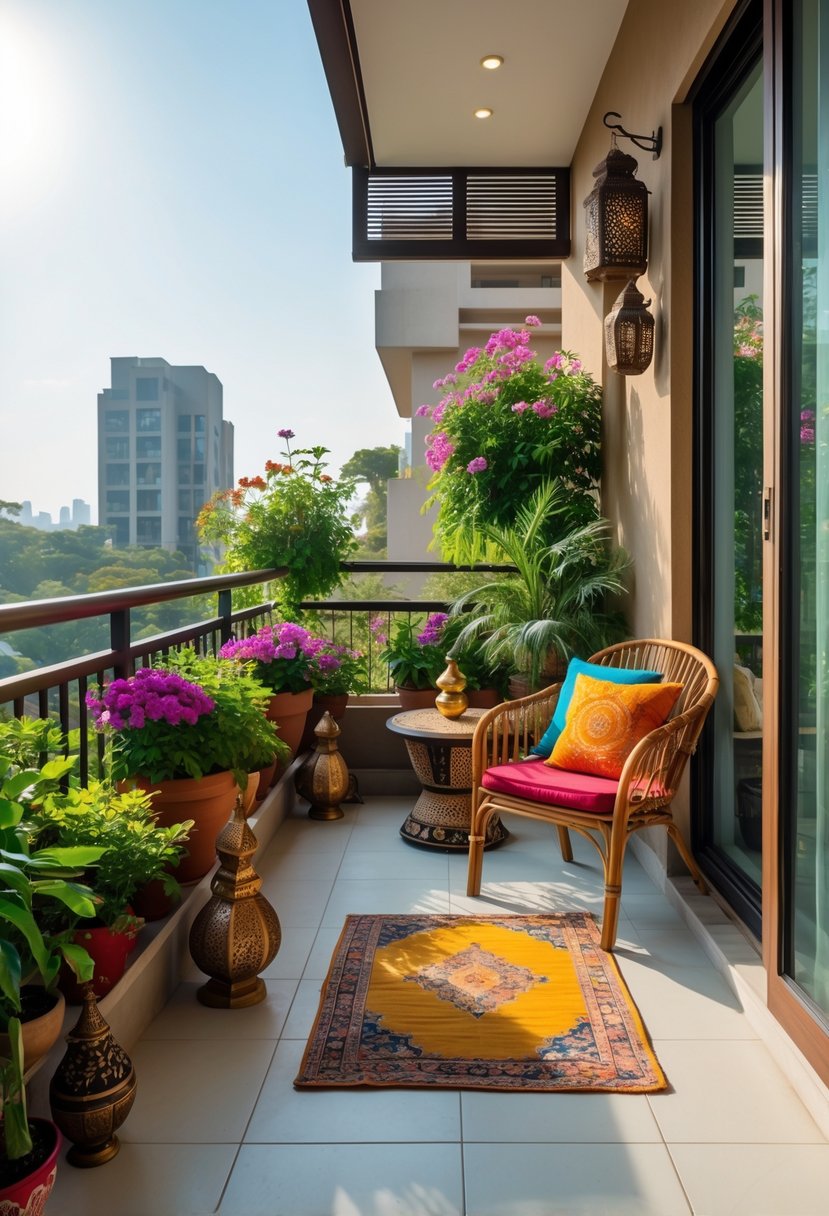 Small balcony patio with plants, a chair, and a table in a modern Indian home.