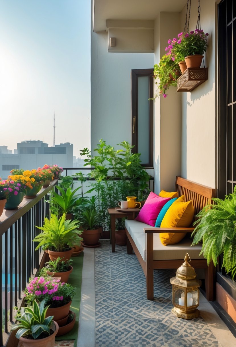Small balcony with potted plants, wooden seating with cushions, a coffee table with a lantern and cup, and urban buildings in the background.