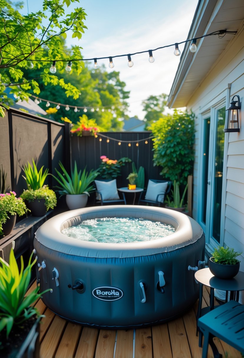 Small backyard with an inflatable jacuzzi on a wooden deck surrounded by plants and outdoor furniture.