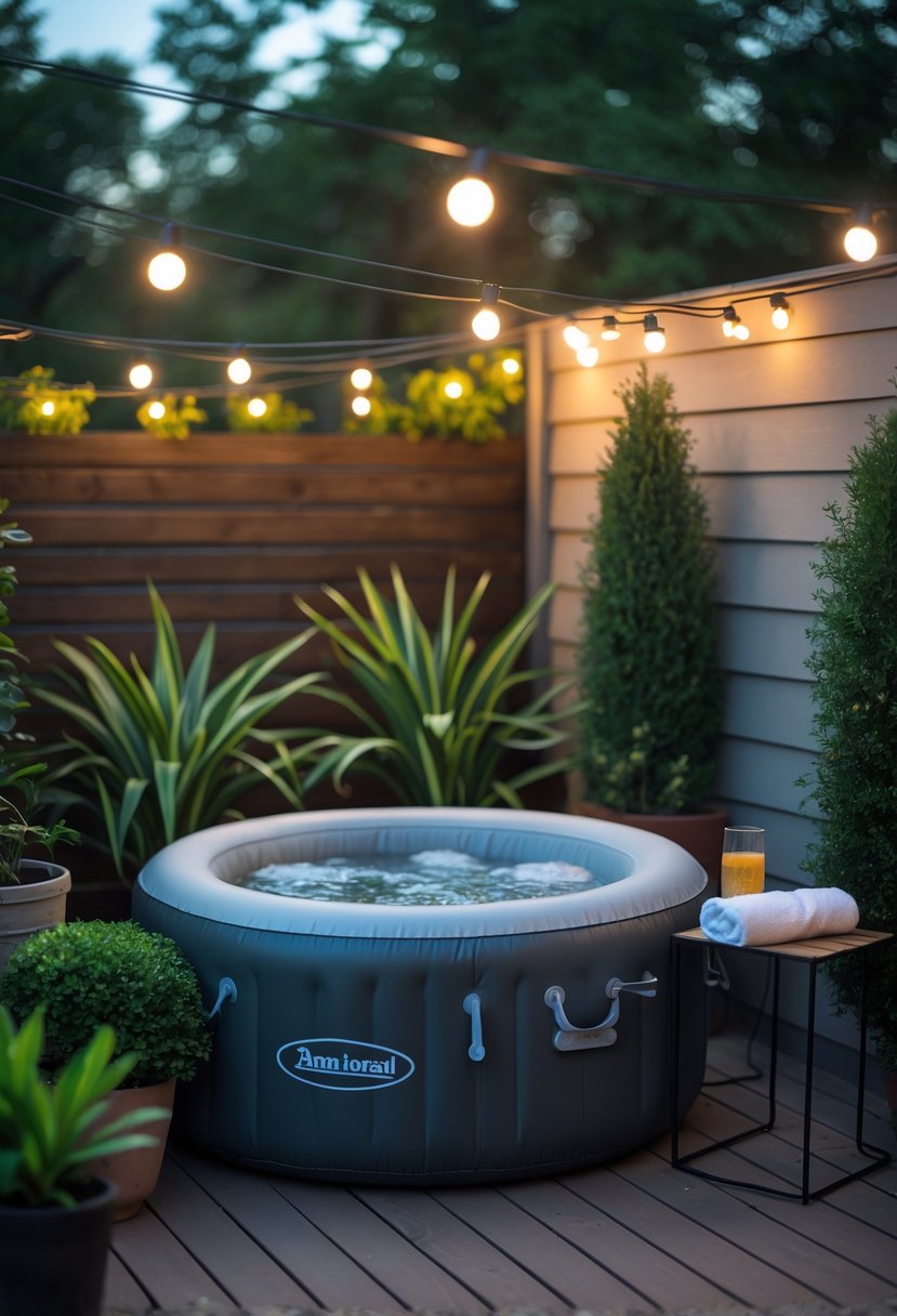 Small backyard with an inflatable jacuzzi in the corner surrounded by plants and a wooden deck.