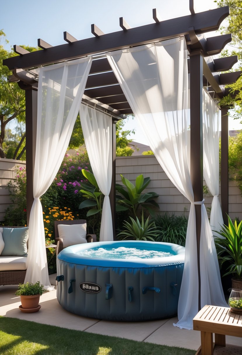 Small backyard with a pergola draped in sheer curtains and an inflatable jacuzzi surrounded by plants and outdoor furniture.