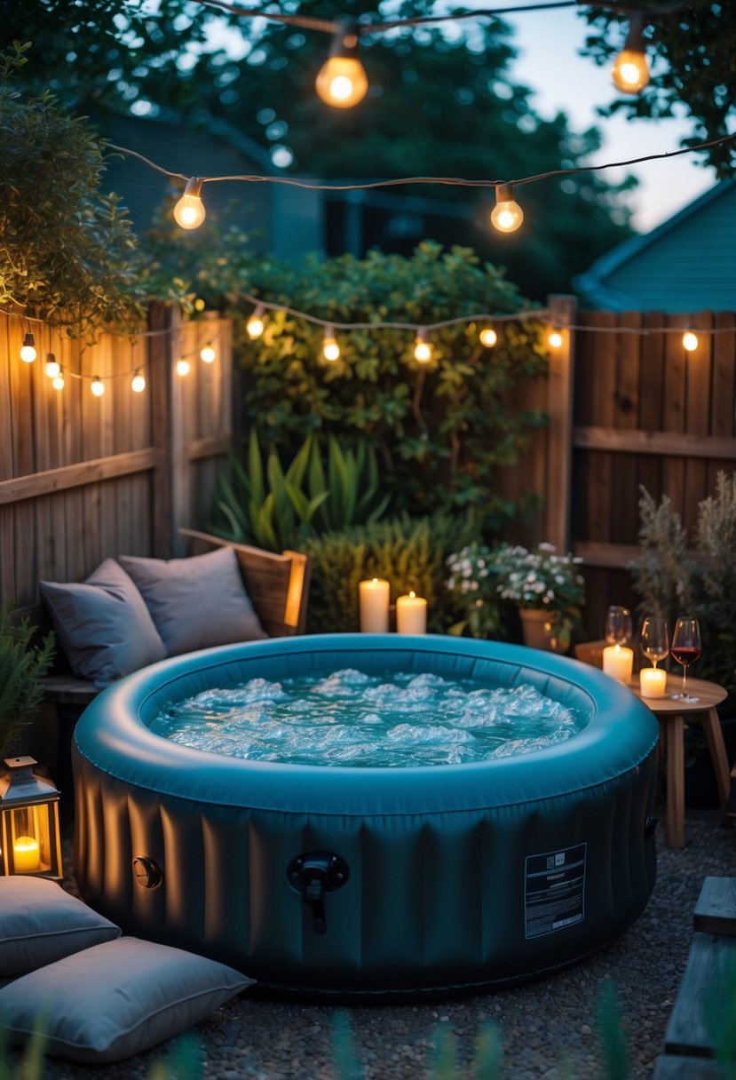 An outdoor inflatable jacuzzi in a small backyard surrounded by plants, soft lights, and a small table with wine glasses and a candle.