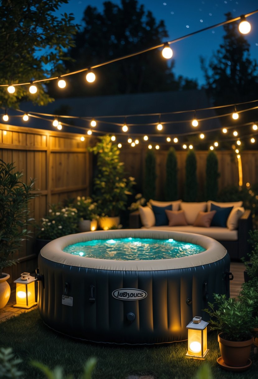 Small backyard at night with an illuminated inflatable jacuzzi surrounded by plants and outdoor lighting.