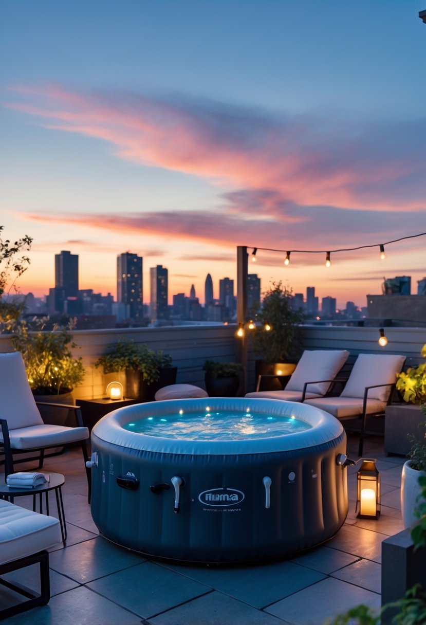 A small inflatable jacuzzi on a rooftop terrace at sunset, surrounded by outdoor furniture and plants, with a city skyline in the background.