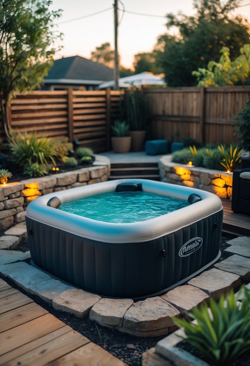 Small backyard with an inflatable jacuzzi partially sunken into the ground, surrounded by plants and wooden decking.