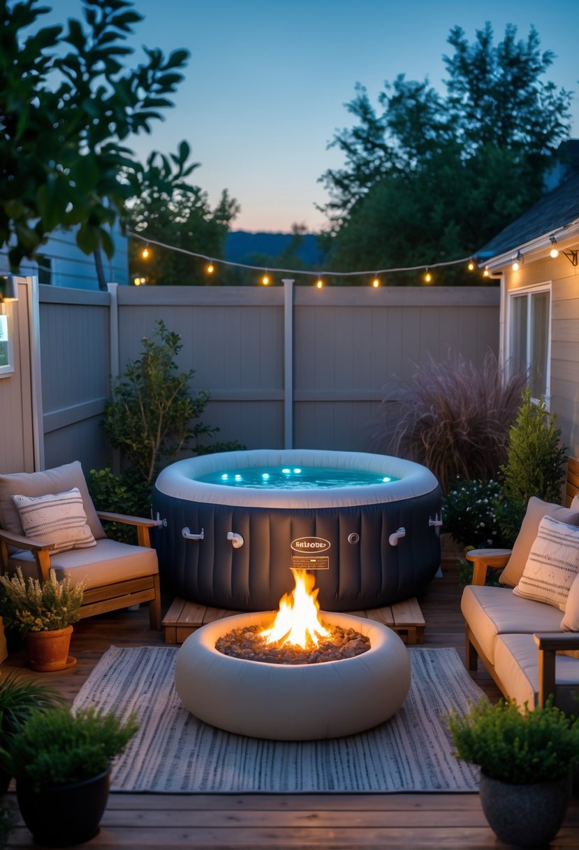 Small backyard with an inflatable jacuzzi next to a lit fire pit surrounded by seating and plants during evening.