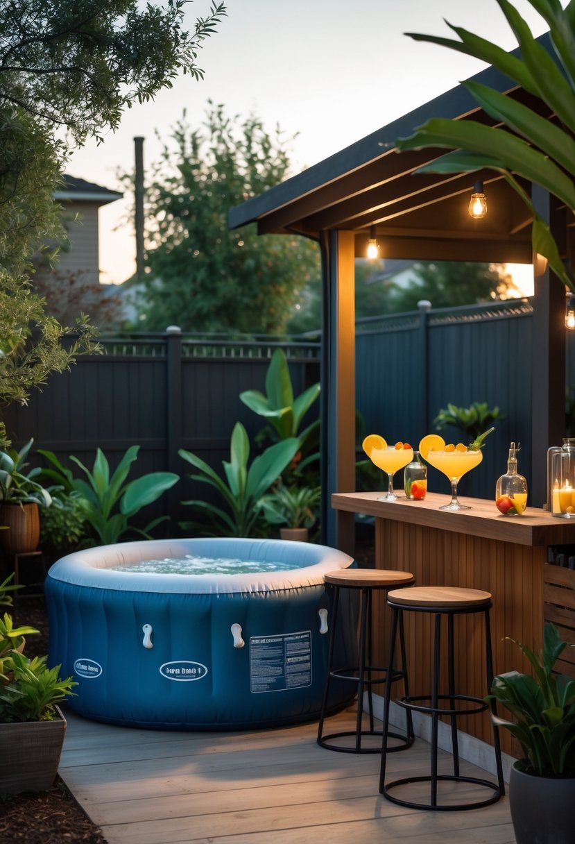 Small backyard with an inflatable jacuzzi next to an outdoor bar area with stools and tropical drinks, surrounded by plants and soft lighting.
