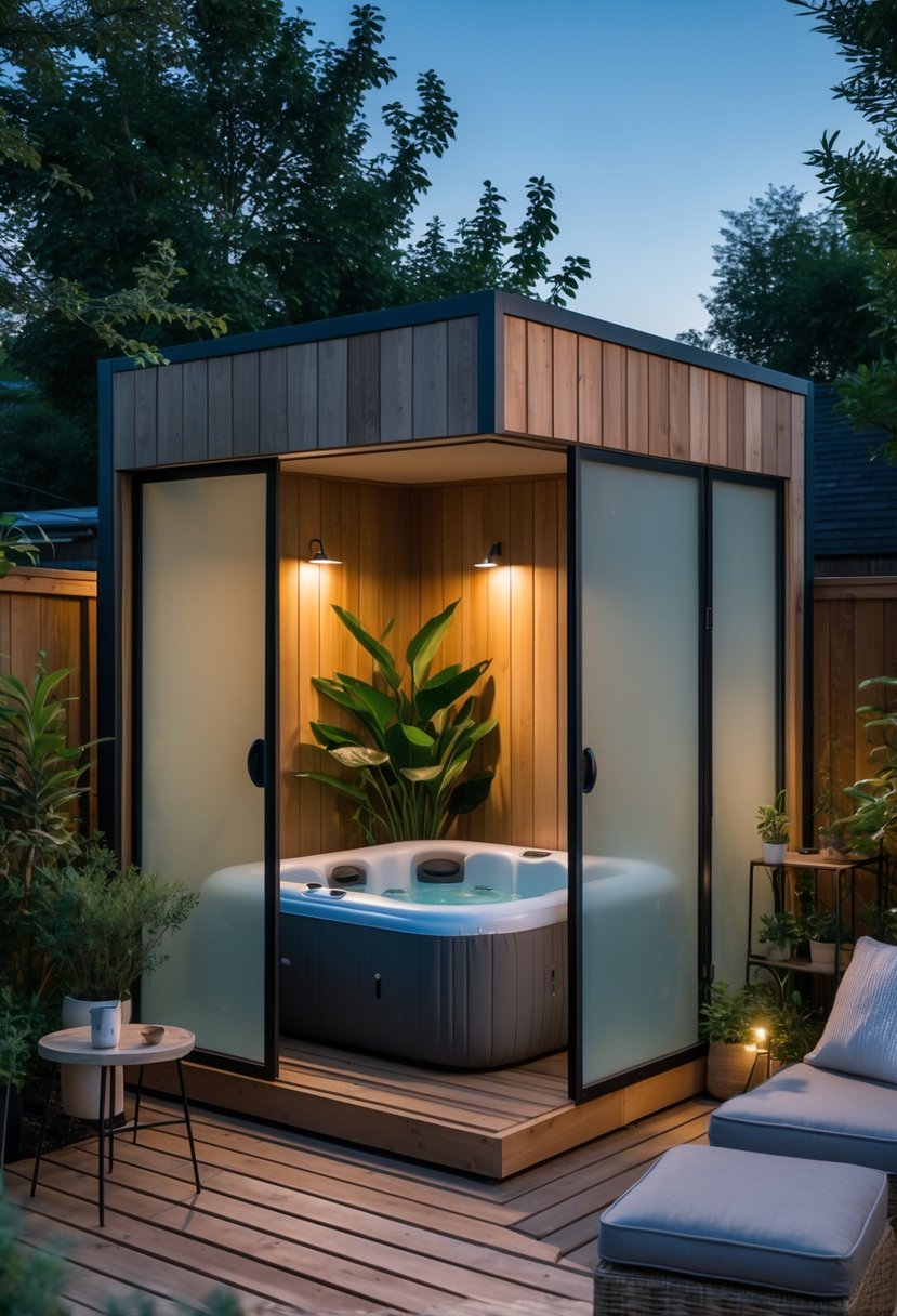 Small backyard with an enclosed inflatable jacuzzi surrounded by plants and wooden panels for privacy.