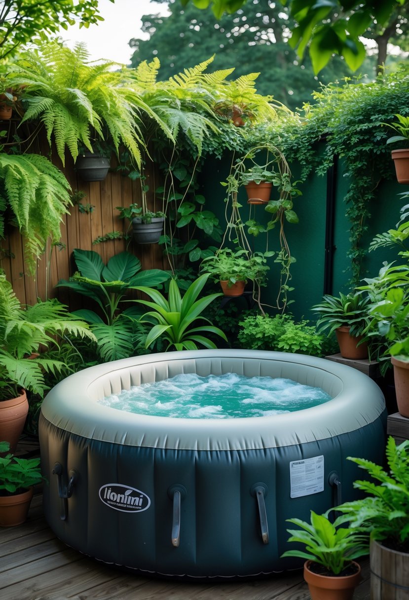 Small backyard garden with an inflatable jacuzzi surrounded by green plants and foliage.