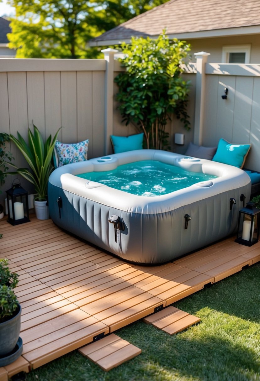 Small backyard with a wooden patio deck and an inflatable jacuzzi surrounded by plants and outdoor decorations.