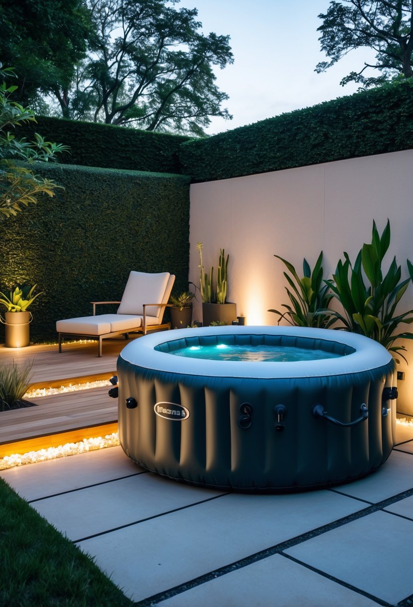Small backyard with an inflatable jacuzzi surrounded by plants and outdoor furniture.