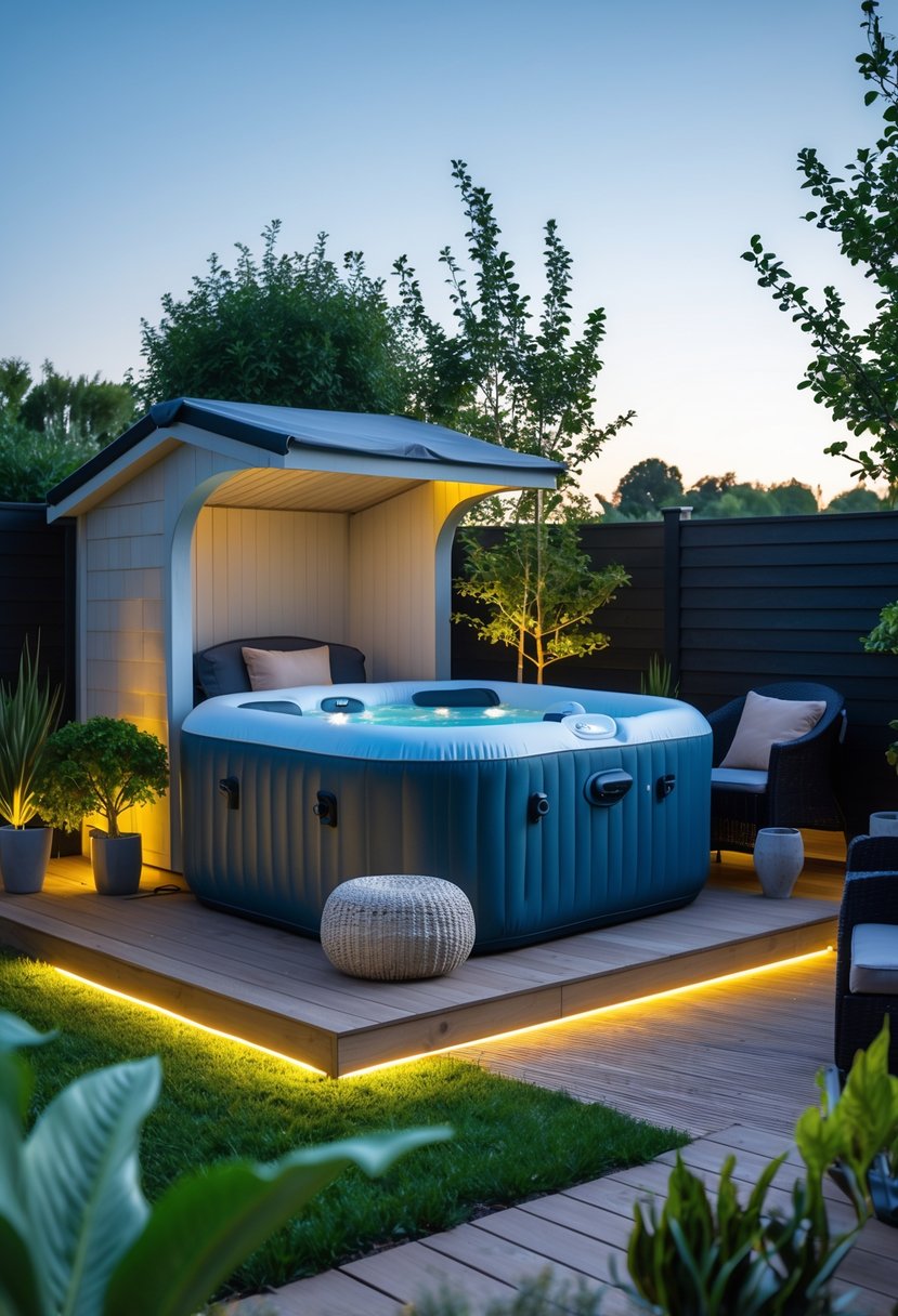 A small backyard with an inflatable jacuzzi next to a cozy shed surrounded by plants and seating.