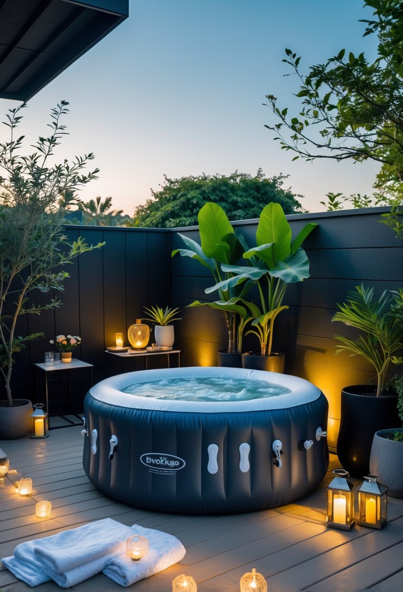 A small backyard with an inflatable jacuzzi surrounded by plants, outdoor furniture, and soft lighting.