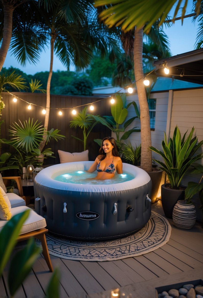 A woman in a bikini relaxing in an inflatable jacuzzi in a small backyard with outdoor furniture and plants.