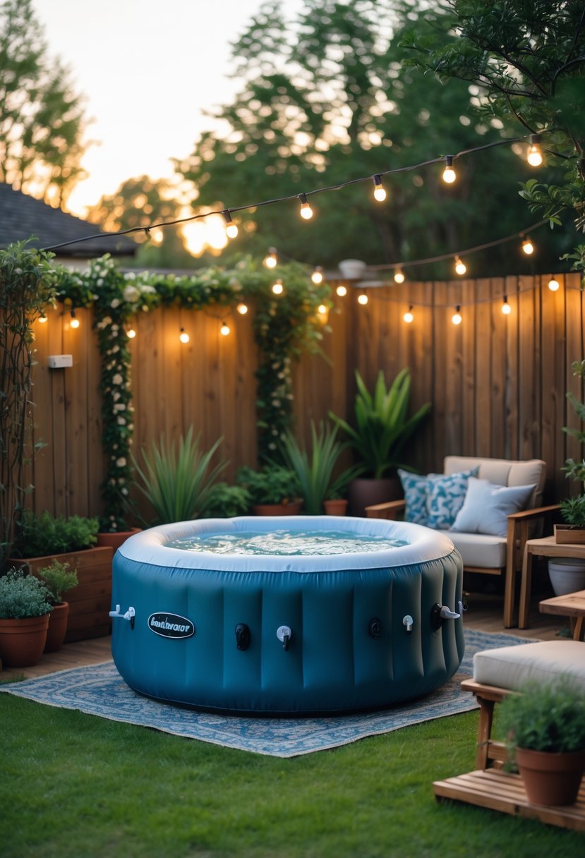 Small backyard with an inflatable jacuzzi surrounded by plants and outdoor seating.