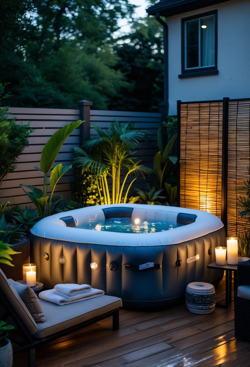 A small backyard with an inflatable jacuzzi surrounded by plants, lounge chairs, and soft lighting.