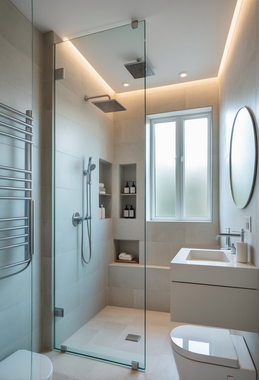 Small bathroom with a walk-in shower featuring clear glass panels, a floating vanity, and natural light coming through a frosted window.