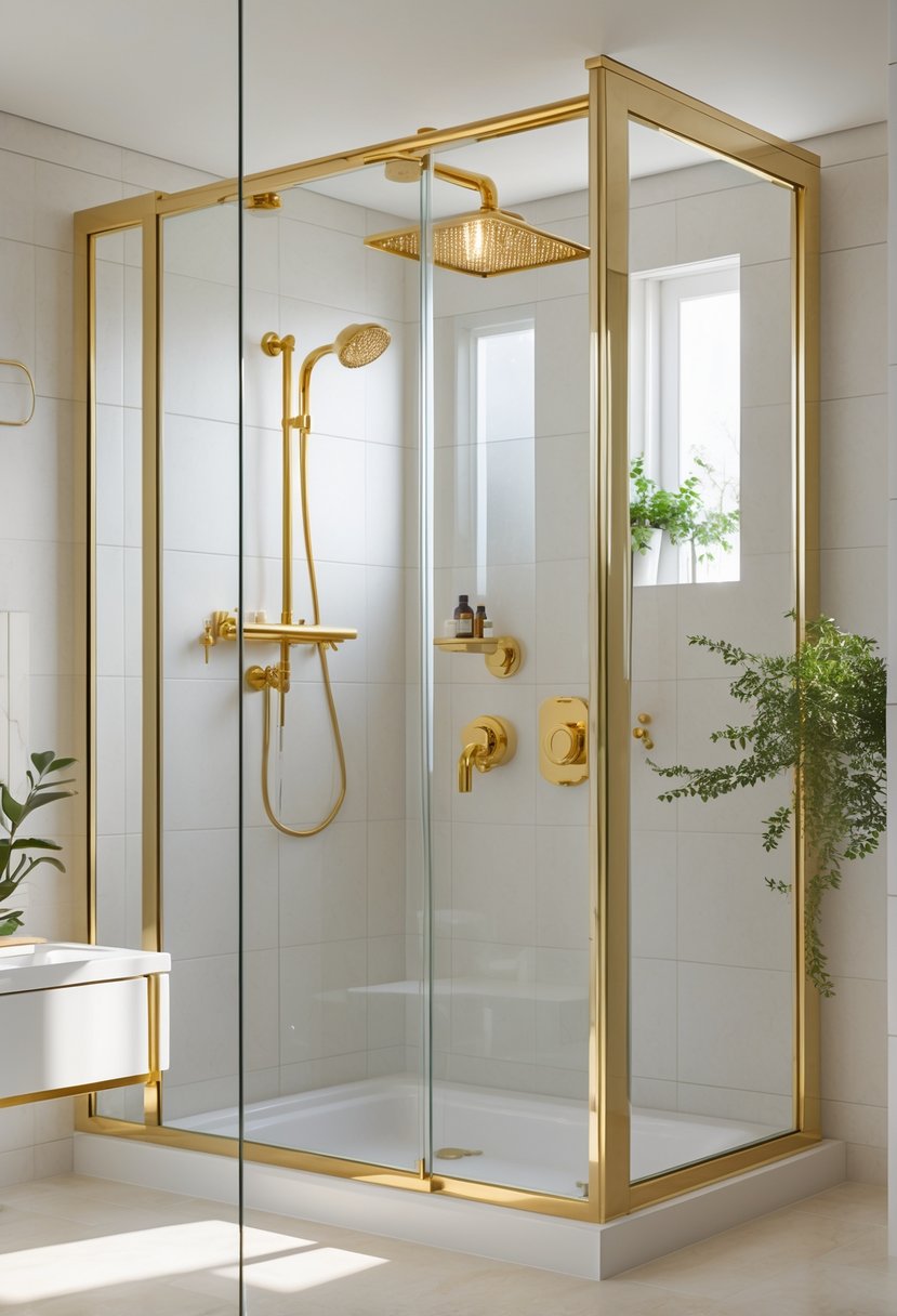 A small bathroom with a walk-in shower featuring gold fixtures and clear glass panels.